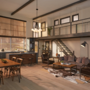 A well-lit rustic loft at dusk. There is a kitchen area, dining table, couch and chairs.