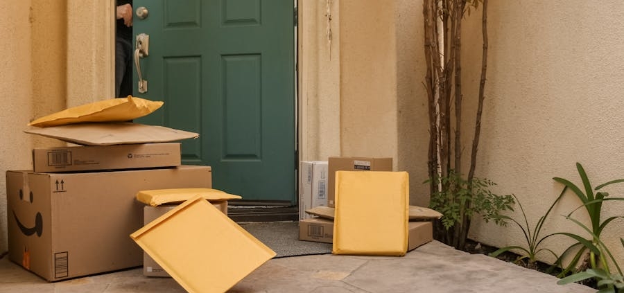 Several packages are right at a door decorated by a Christmas wreath.